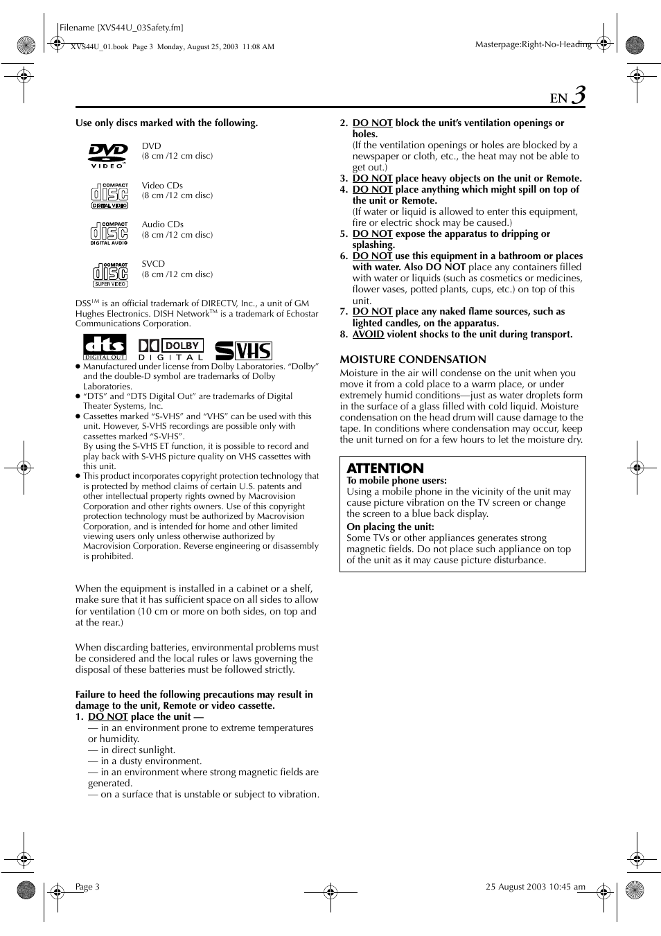 Attention | JVC HR-XVS44U User Manual | Page 3 / 96