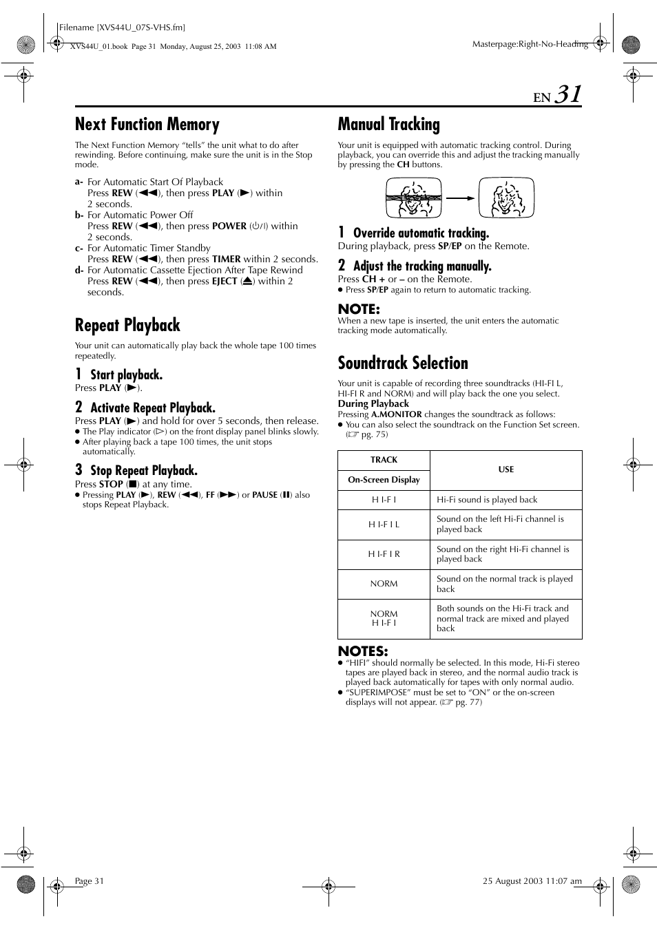 Repeat playback, Manual tracking, Soundtrack selection | Start playback, Activate repeat playback, Stop repeat playback, Override automatic tracking, Adjust the tracking manually | JVC HR-XVS44U User Manual | Page 31 / 96