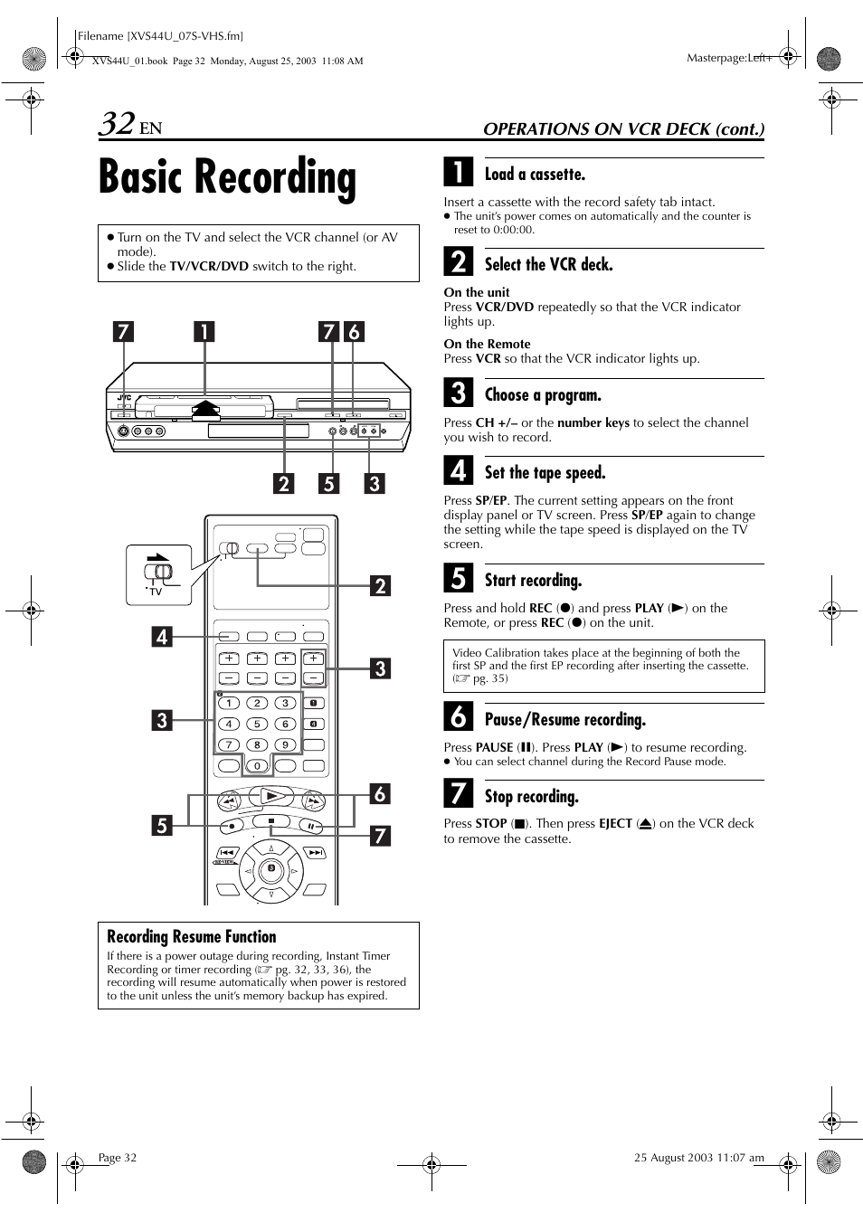 Basic recording | JVC HR-XVS44U User Manual | Page 32 / 96