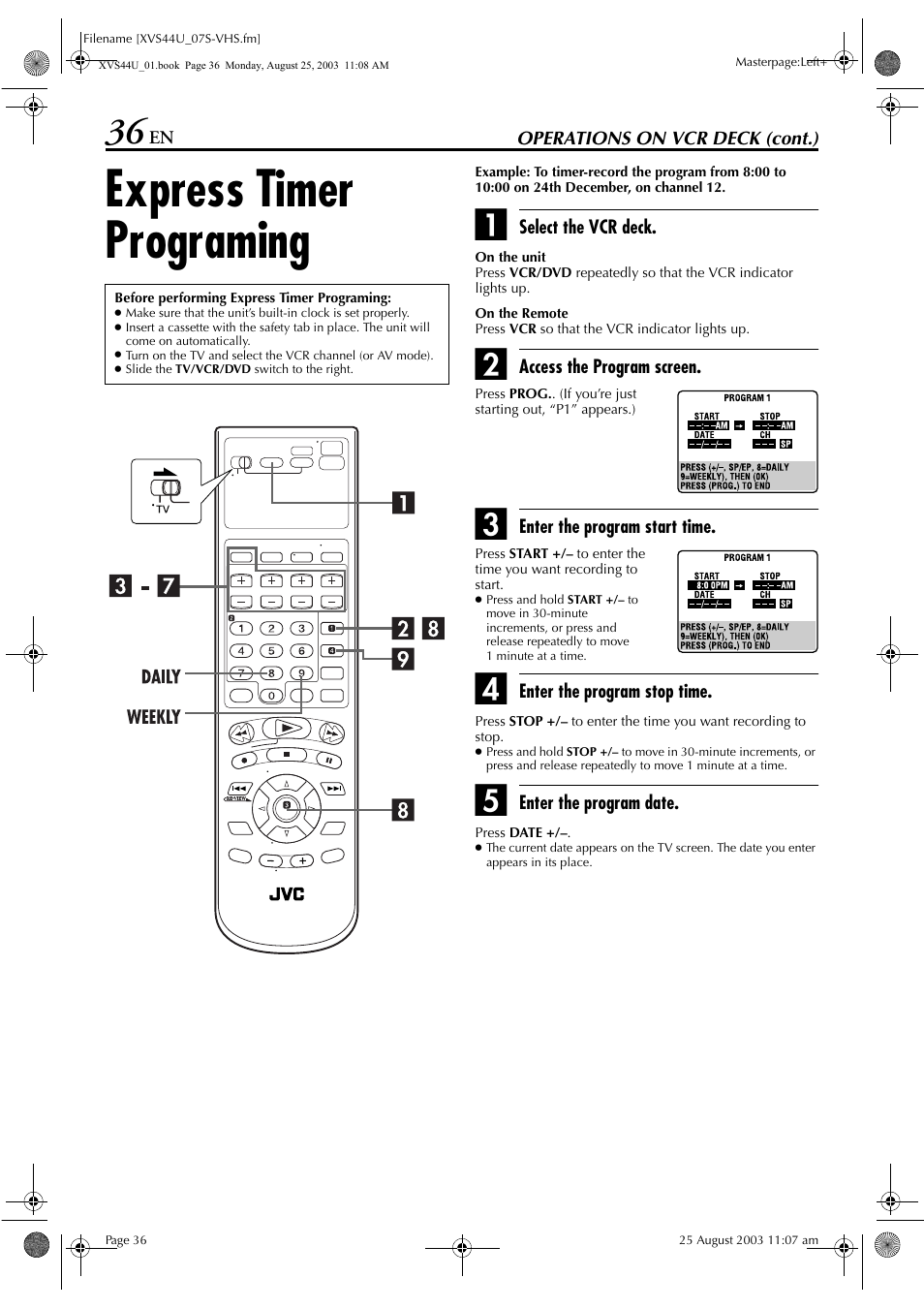 Express timer programing | JVC HR-XVS44U User Manual | Page 36 / 96