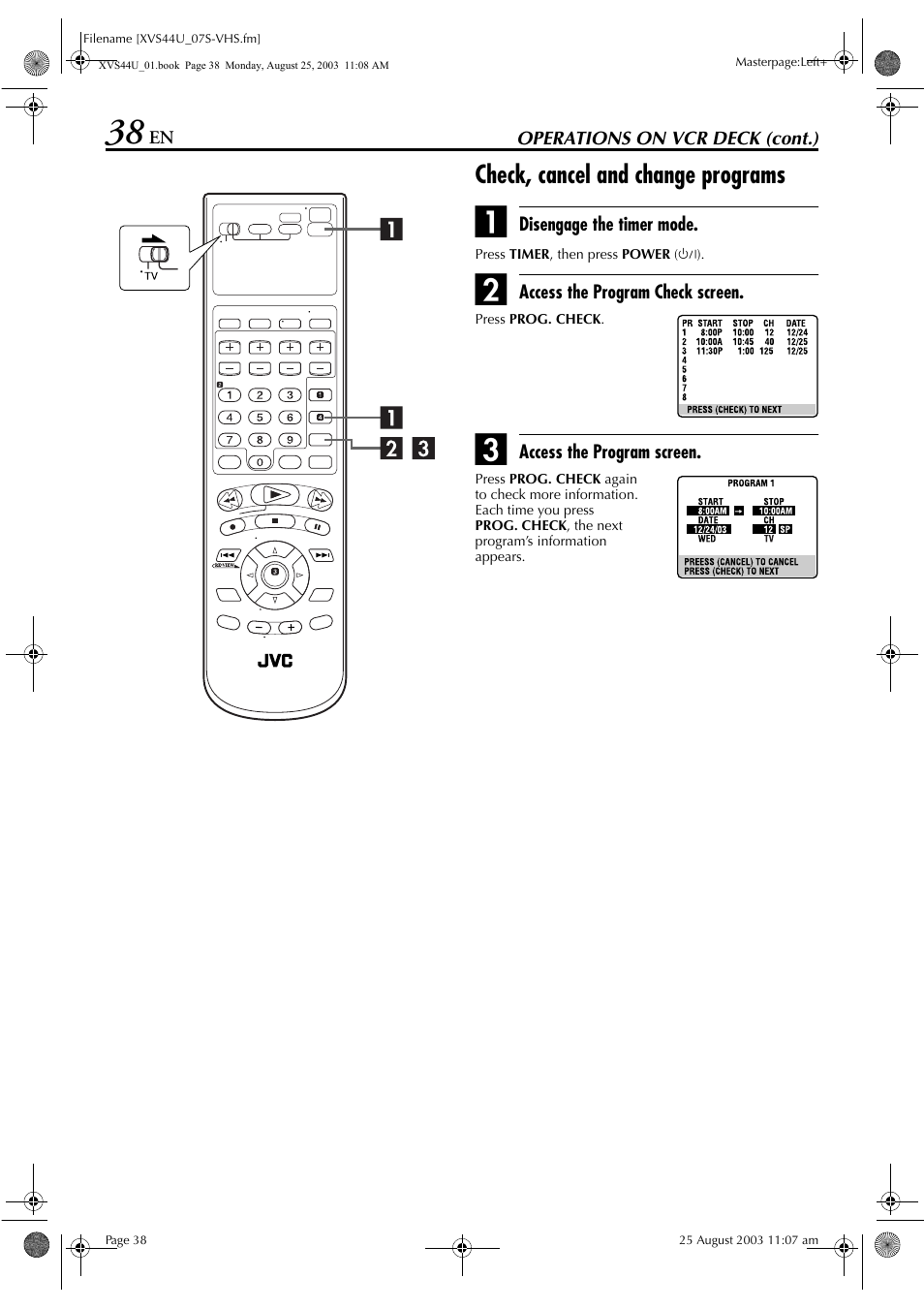 Check, cancel and change programs | JVC HR-XVS44U User Manual | Page 38 / 96