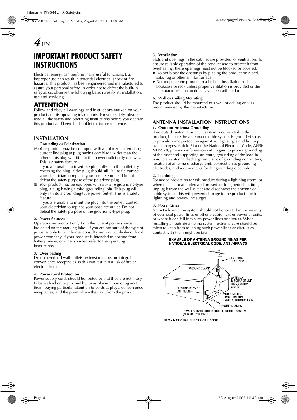 Important product safety instructions, Attention | JVC HR-XVS44U User Manual | Page 4 / 96