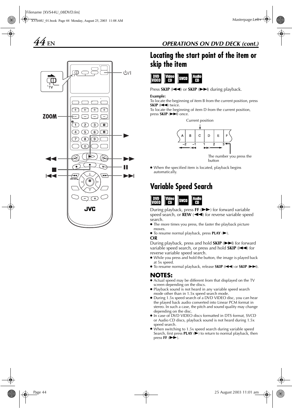 Variable speed search, Operations on dvd deck (cont.) | JVC HR-XVS44U User Manual | Page 44 / 96