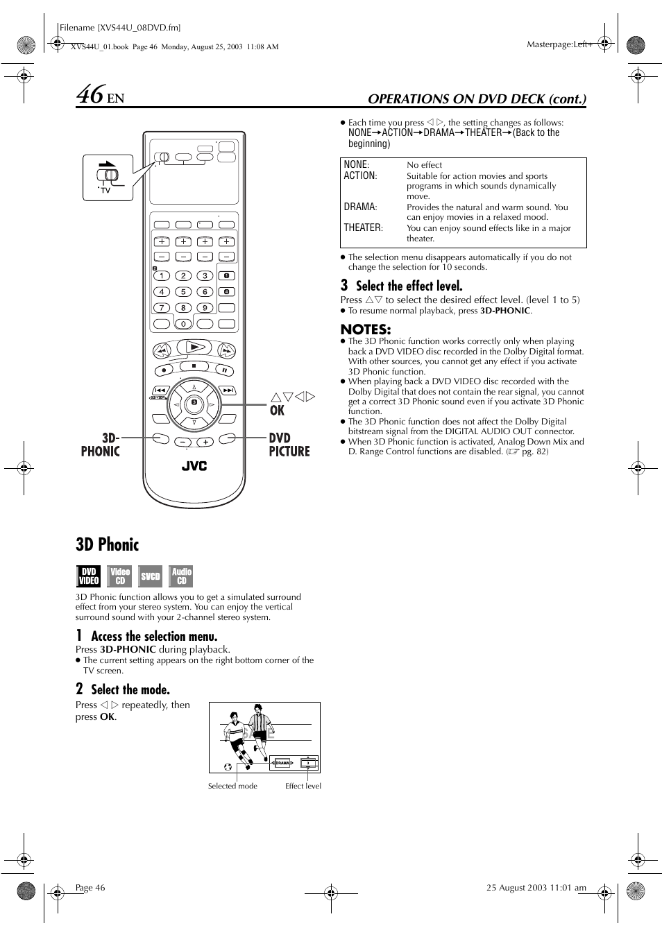 3d phonic, Operations on dvd deck (cont.), Access the selection menu | Select the mode, Select the effect level | JVC HR-XVS44U User Manual | Page 46 / 96