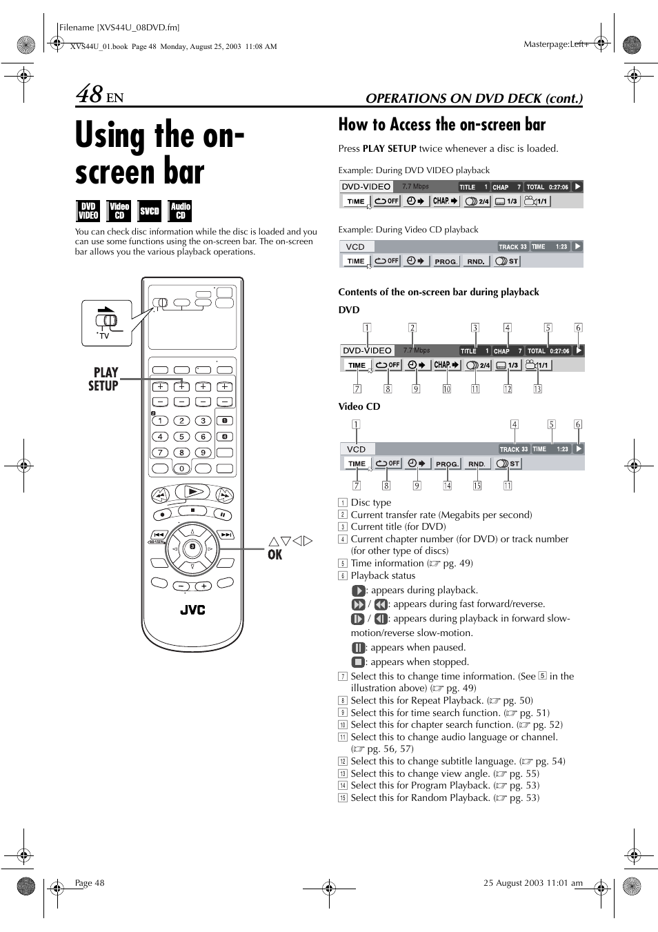 Using the on- screen bar, How to access the on-screen bar | JVC HR-XVS44U User Manual | Page 48 / 96