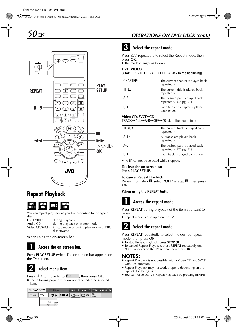 Repeat playback | JVC HR-XVS44U User Manual | Page 50 / 96