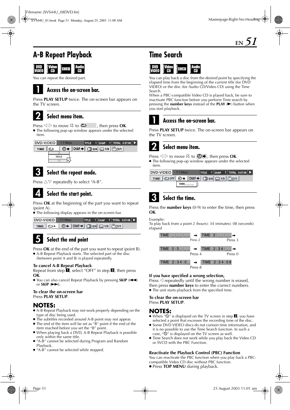 A-b repeat playback, Time search | JVC HR-XVS44U User Manual | Page 51 / 96