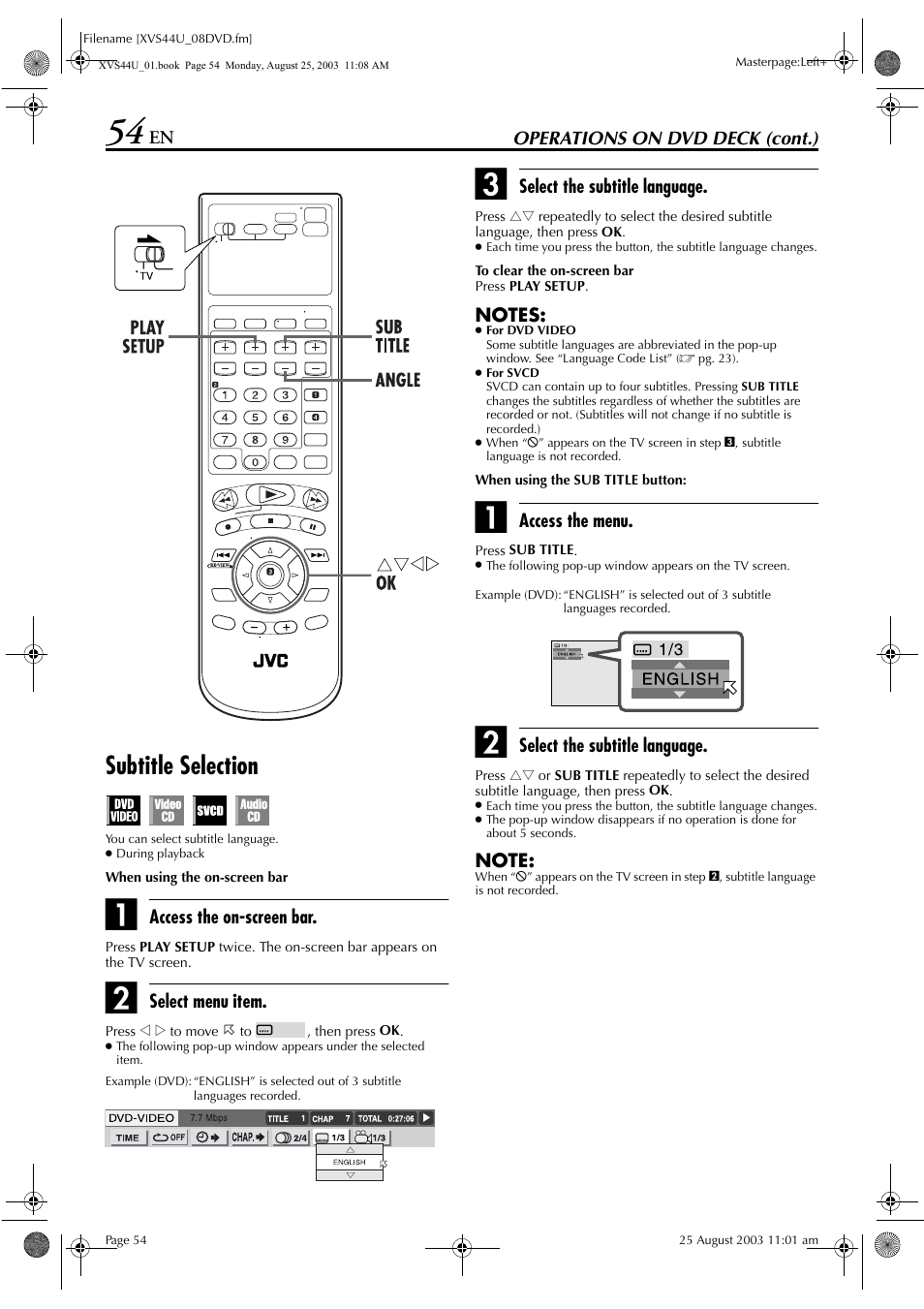 Subtitle selection | JVC HR-XVS44U User Manual | Page 54 / 96