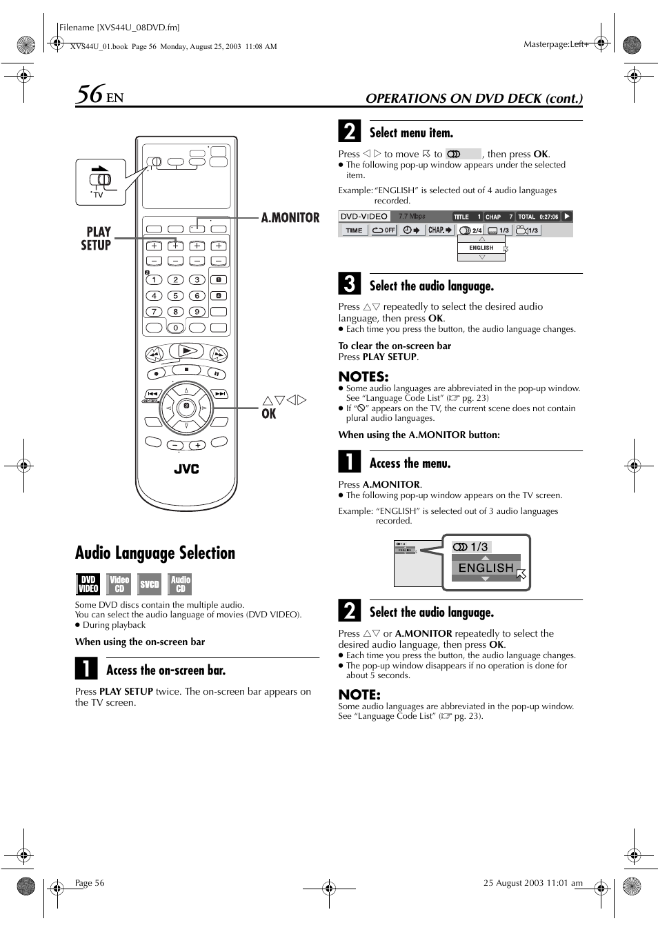 Audio language selection | JVC HR-XVS44U User Manual | Page 56 / 96
