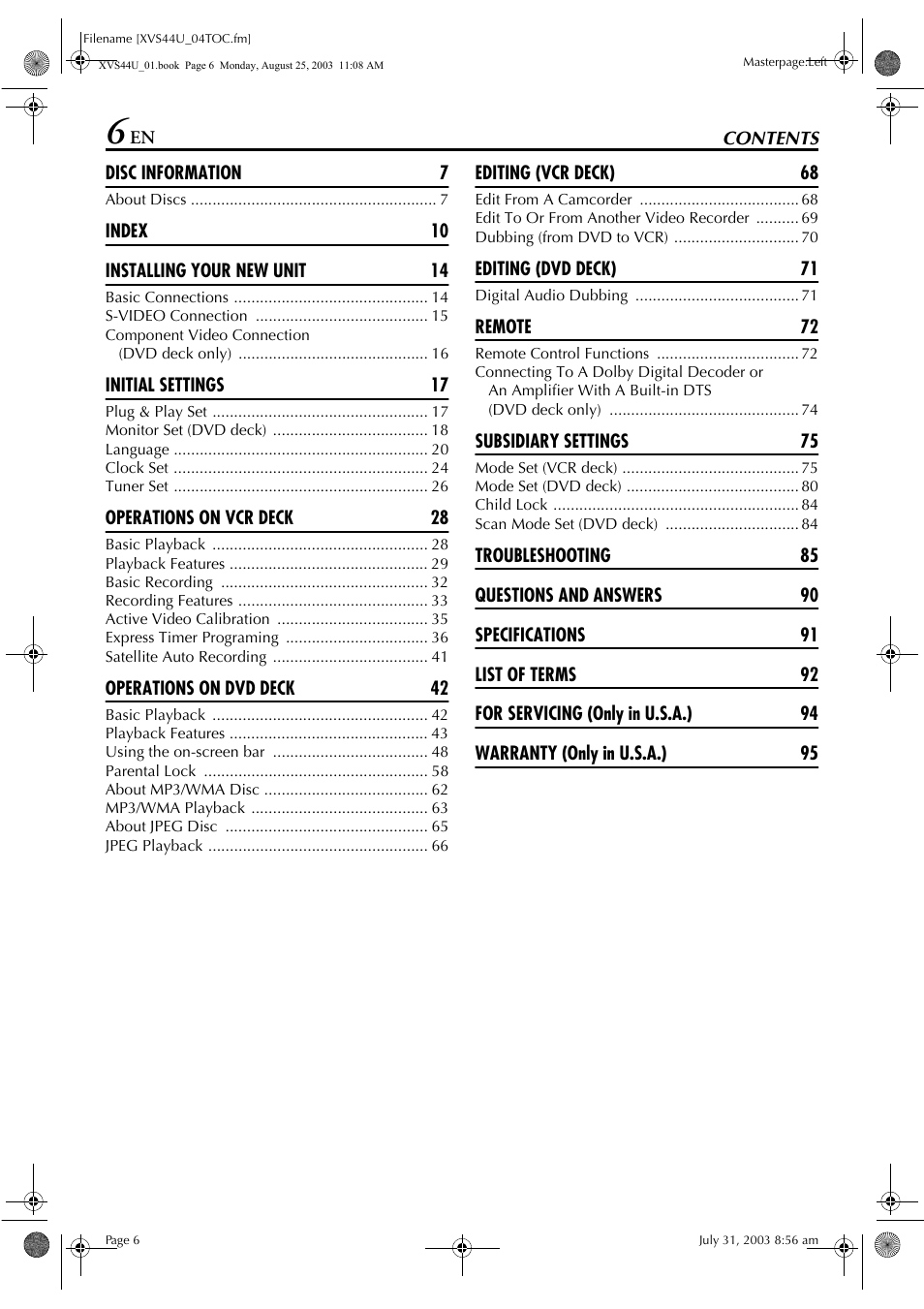 JVC HR-XVS44U User Manual | Page 6 / 96