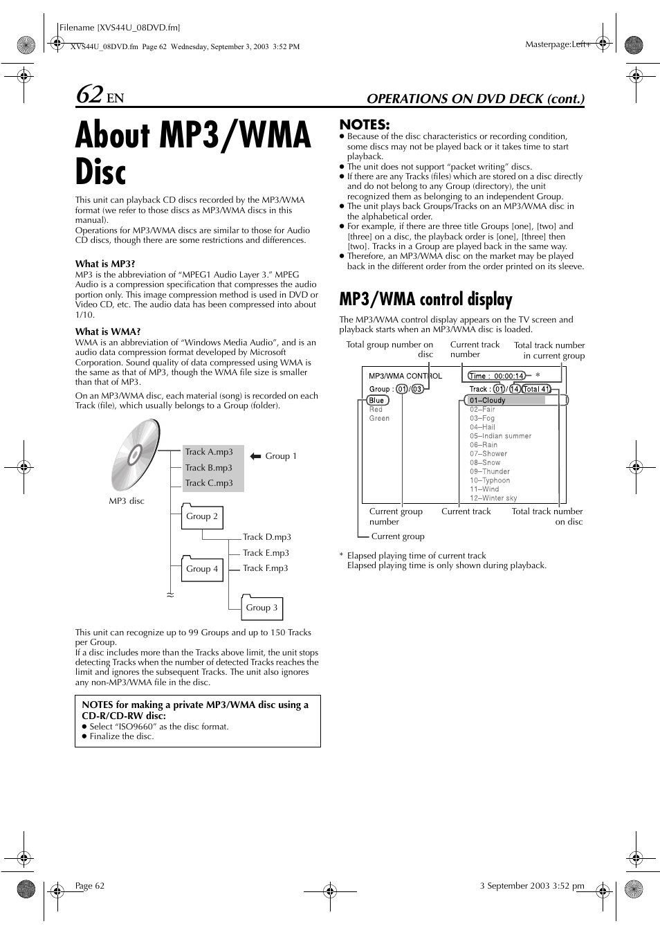 About mp3/wma disc, Mp3/wma control display, Operations on dvd deck (cont.) | JVC HR-XVS44U User Manual | Page 62 / 96