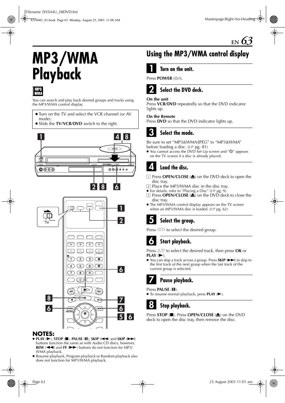 Mp3/wma playback, Using the mp3/wma control display | JVC HR-XVS44U User Manual | Page 63 / 96
