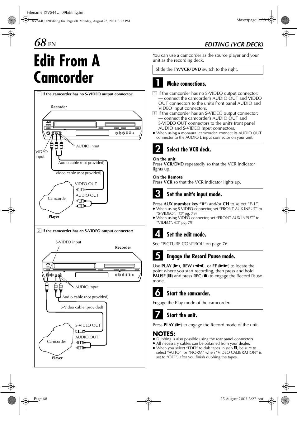 Edit from a camcorder | JVC HR-XVS44U User Manual | Page 68 / 96