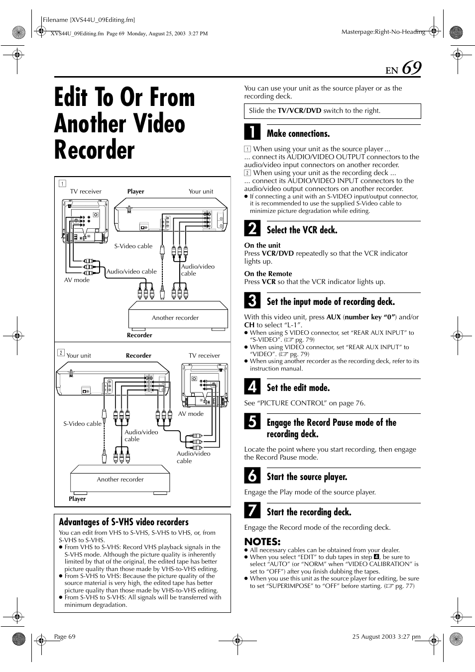 Edit to or from another video recorder | JVC HR-XVS44U User Manual | Page 69 / 96