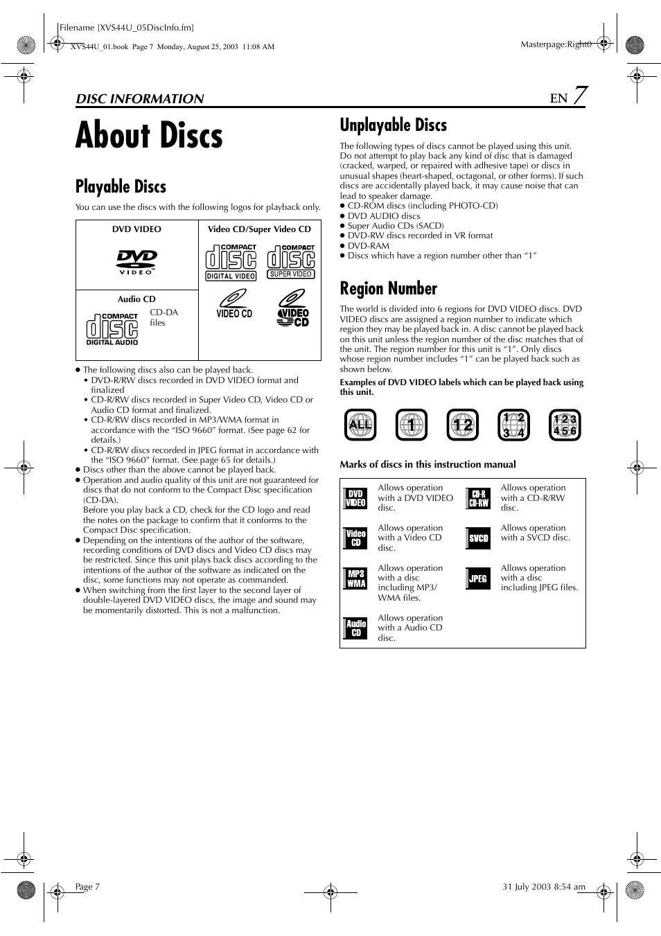 About discs, Playable discs, Unplayable discs | Region number, Disc information | JVC HR-XVS44U User Manual | Page 7 / 96