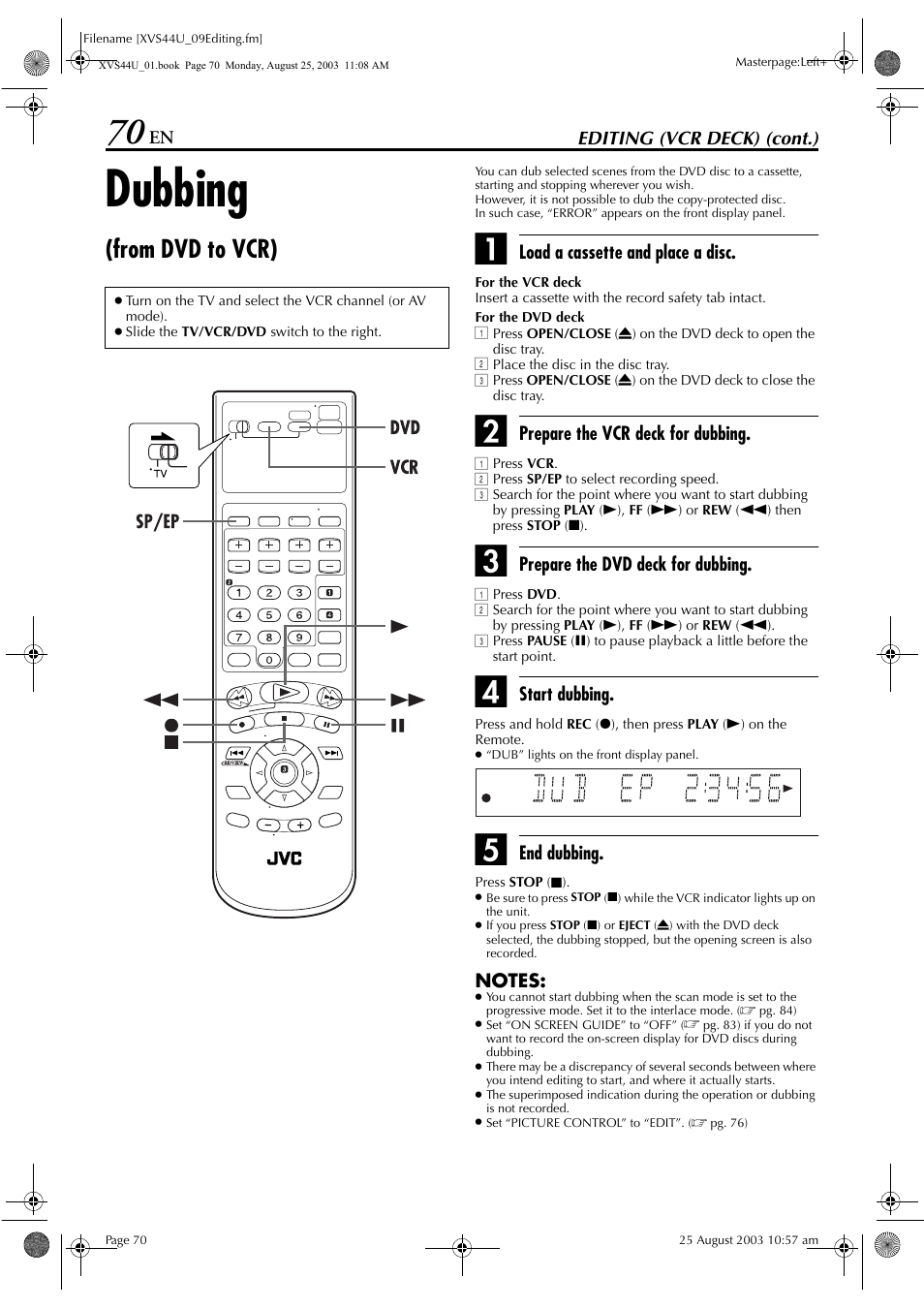 Dubbing | JVC HR-XVS44U User Manual | Page 70 / 96