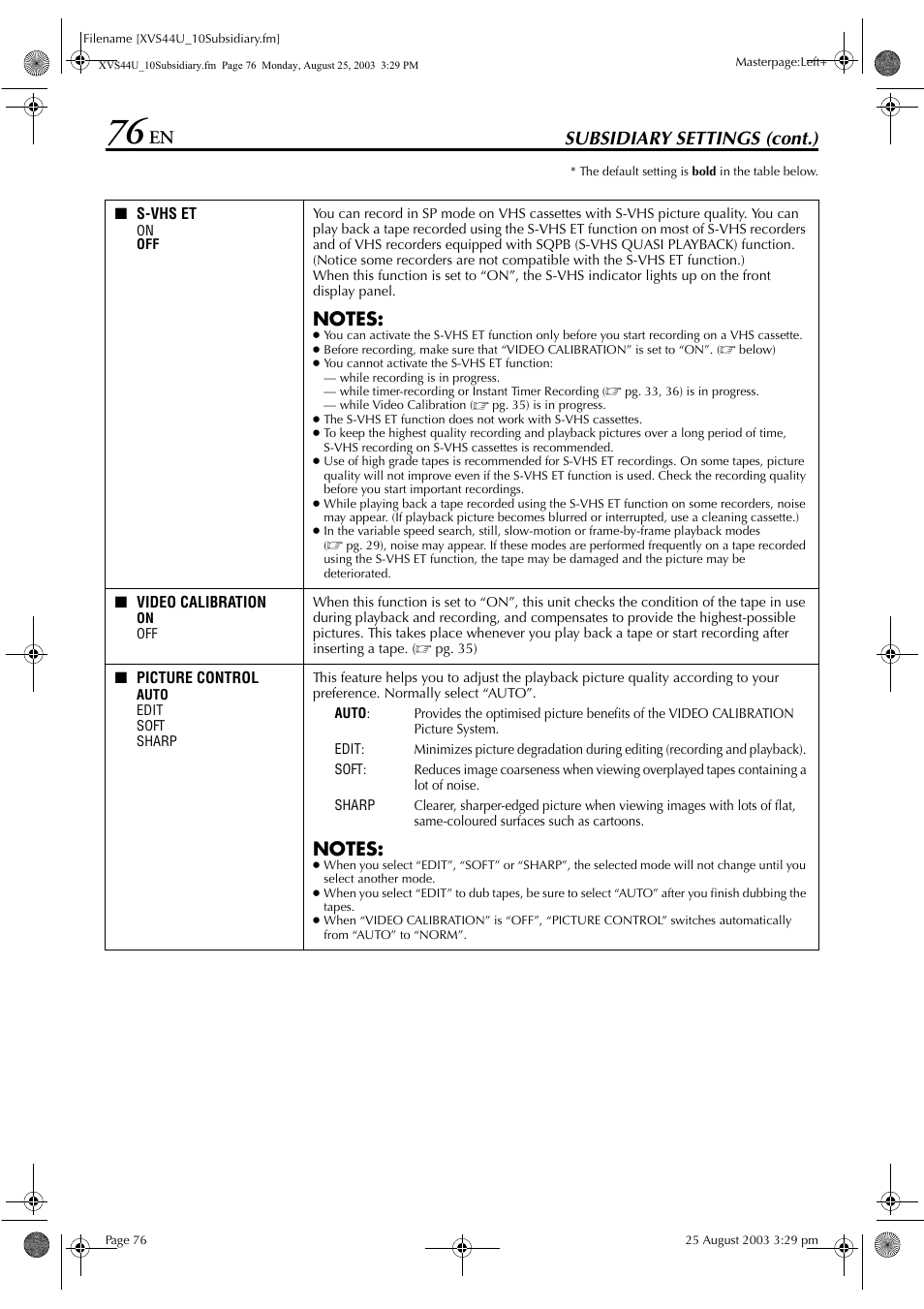 Subsidiary settings (cont.) | JVC HR-XVS44U User Manual | Page 76 / 96