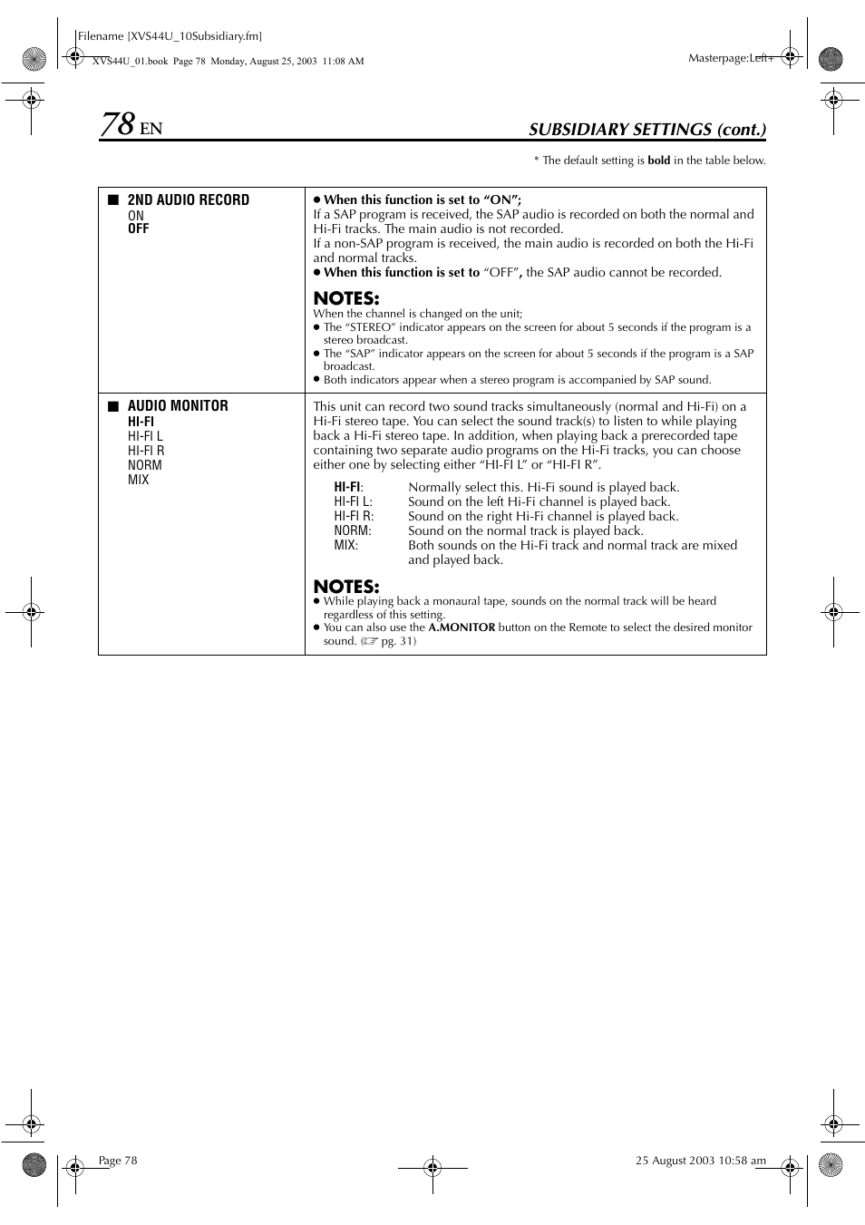 Subsidiary settings (cont.) | JVC HR-XVS44U User Manual | Page 78 / 96