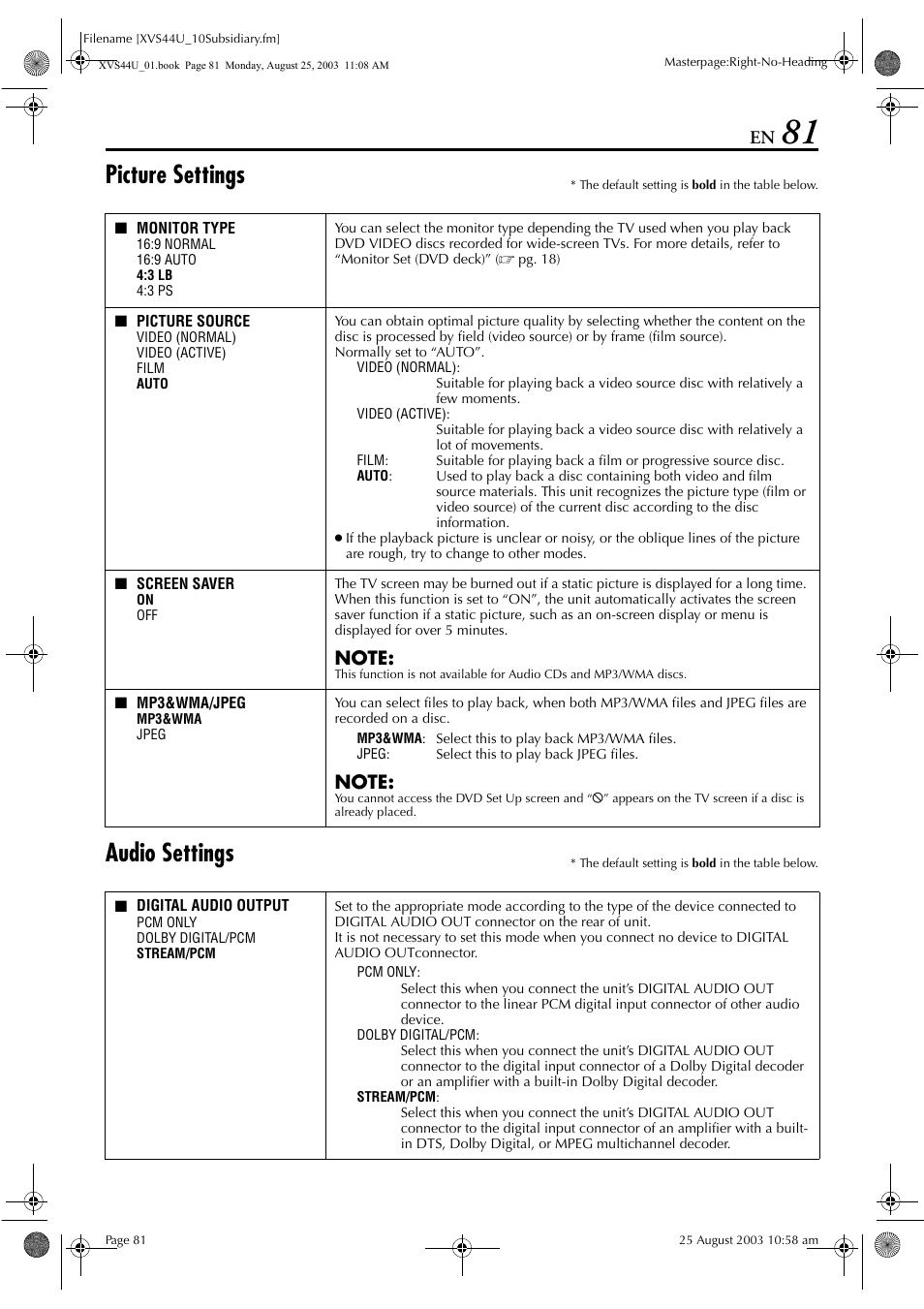 Picture settings, Audio settings | JVC HR-XVS44U User Manual | Page 81 / 96