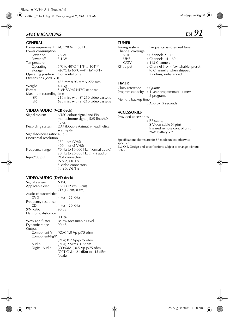 Specifications | JVC HR-XVS44U User Manual | Page 91 / 96