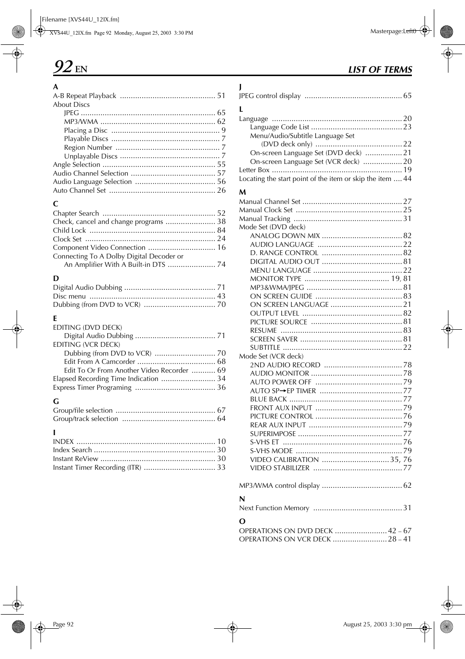 List of terms | JVC HR-XVS44U User Manual | Page 92 / 96