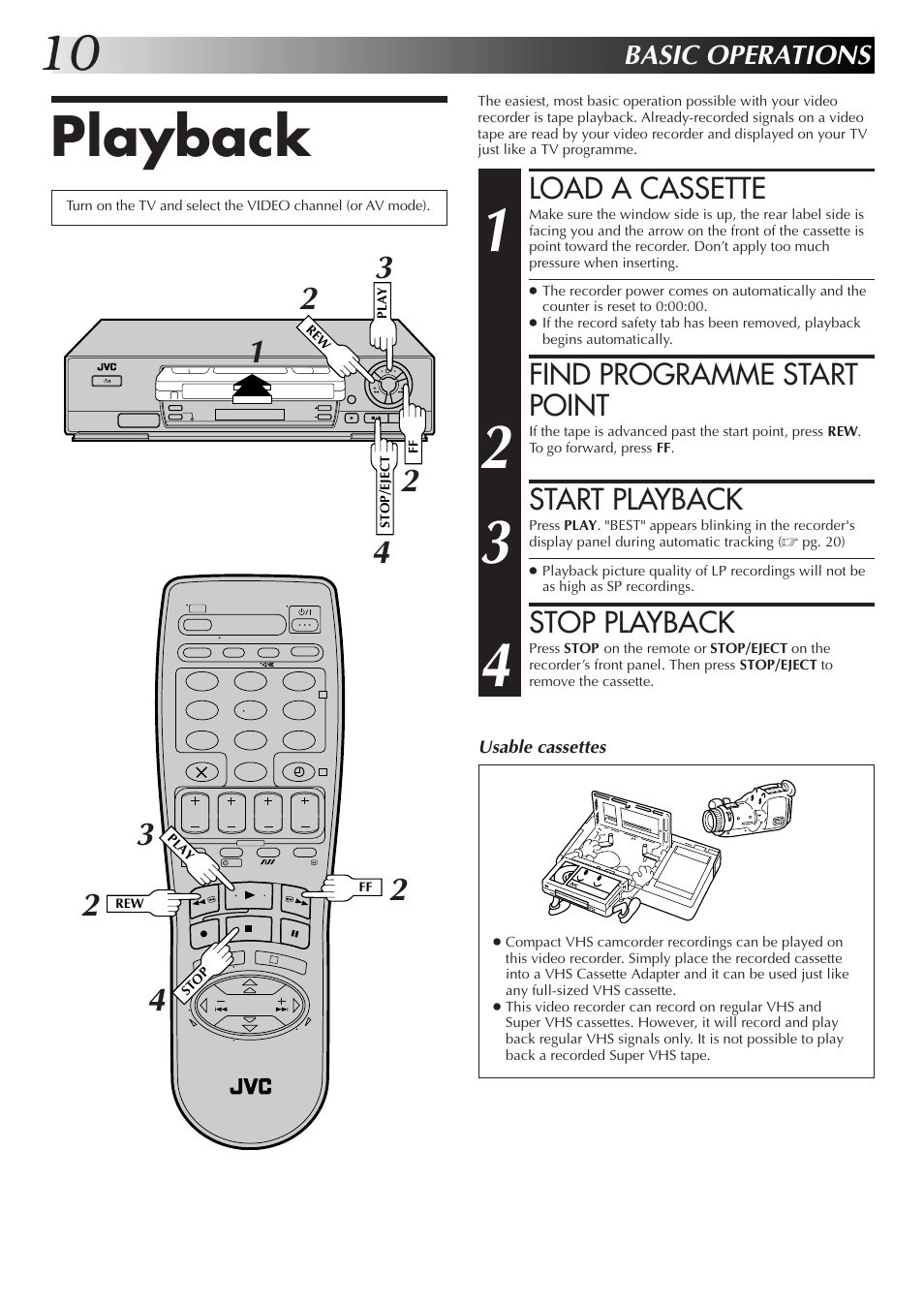 Playback, Load a cassette, Find programme start point | Start playback, Stop playback, Basic operations | JVC HR-J455EK User Manual | Page 10 / 48