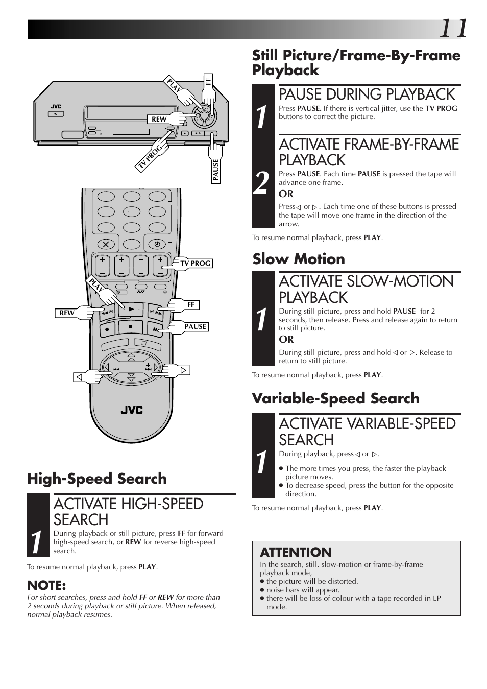 Pause during playback, Activate frame-by-frame playback, Activate slow-motion playback | Activate high-speed search, Activate variable-speed search, Still picture/frame-by-frame playback, Slow motion, High-speed search, Variable-speed search, Attention | JVC HR-J455EK User Manual | Page 11 / 48