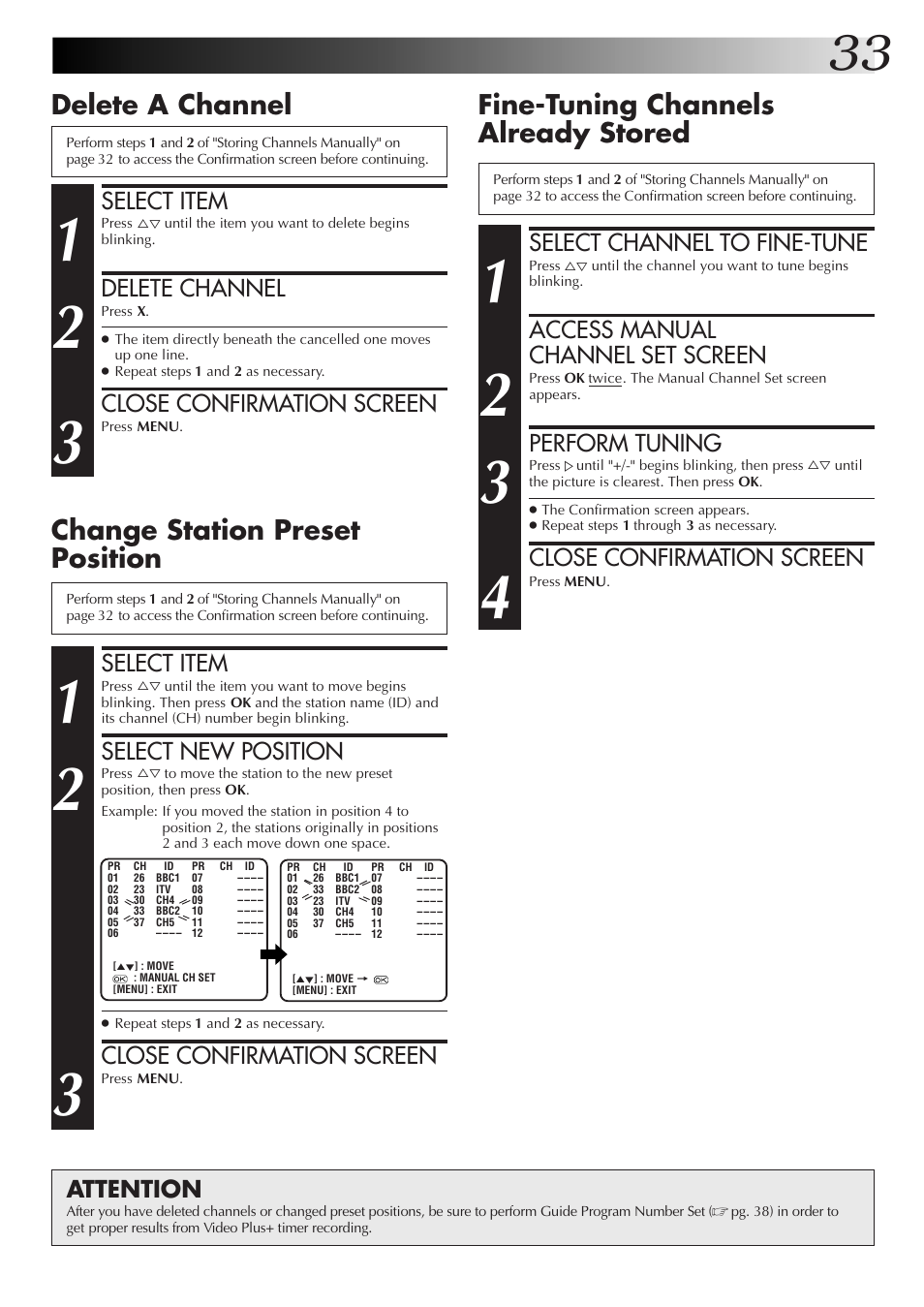 Change station preset position, Delete a channel, Fine-tuning channels already stored | Select item, Select new position, Close confirmation screen, Delete channel, Attention, Select channel to fine-tune, Access manual channel set screen | JVC HR-J455EK User Manual | Page 33 / 48