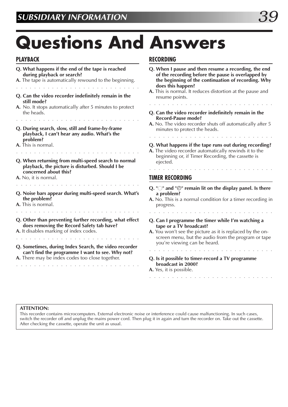 Questions and answers, Subsidiary information, Playback | Recording, Timer recording | JVC HR-J455EK User Manual | Page 39 / 48