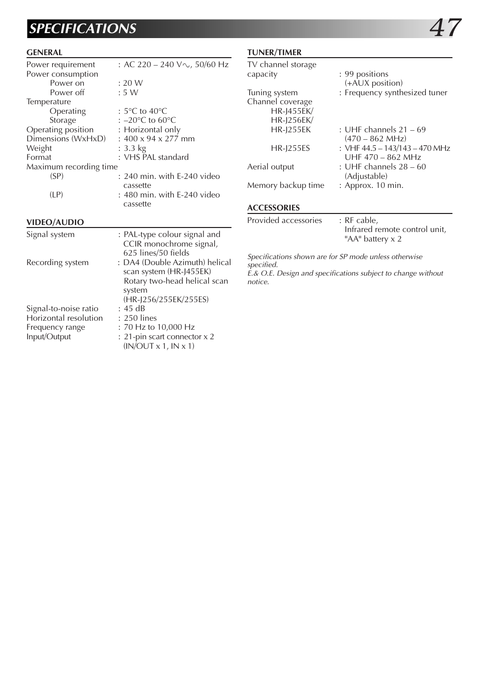 Specifications | JVC HR-J455EK User Manual | Page 47 / 48