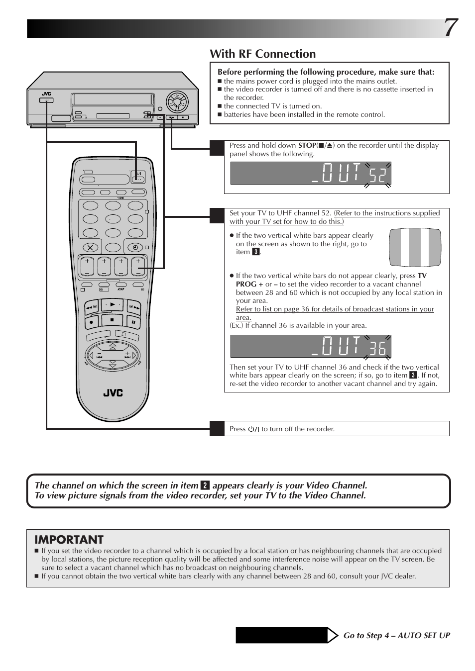 With rf connection, Important | JVC HR-J455EK User Manual | Page 7 / 48