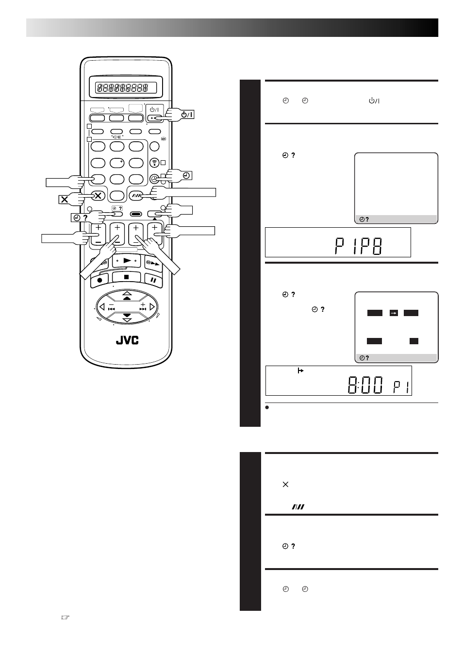 Timer recording (cont.), Check, cancel and replace programmes, Disengage timer mode | Access program check screen/display, Access program screen/ display, Cancel or replace a programme, Return to normal screen/ display, Return to timer mode | JVC HM-DR10000EU User Manual | Page 34 / 84