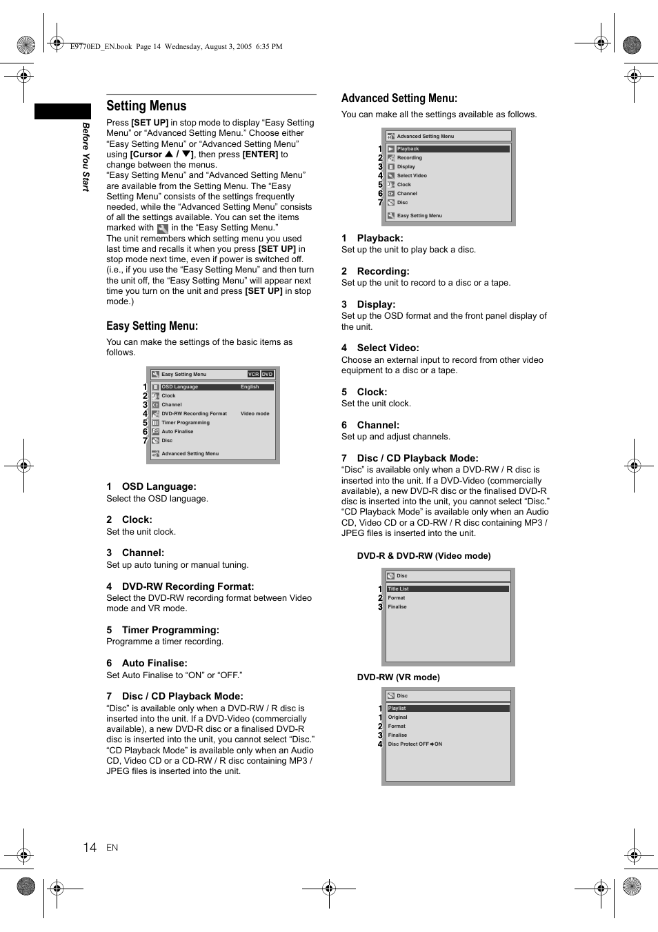 Setting menus, Easy setting menu, Advanced setting menu | JVC 0905TNH-FN-FN User Manual | Page 14 / 76