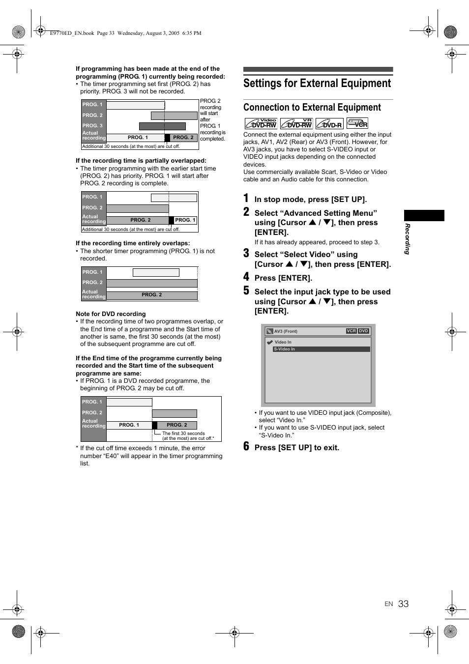 Settings for external equipment, Connection to external equipment | JVC 0905TNH-FN-FN User Manual | Page 33 / 76