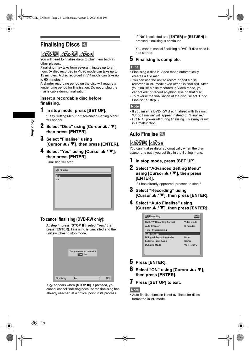 Finalising discs, Auto finalise | JVC 0905TNH-FN-FN User Manual | Page 36 / 76