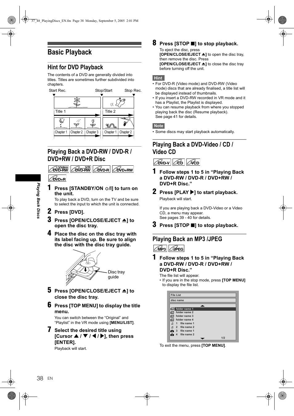 Basic playback, Hint for dvd playback, Playing back a dvd-video / cd / video cd | Playing back an mp3 /jpeg | JVC 0905TNH-FN-FN User Manual | Page 38 / 76