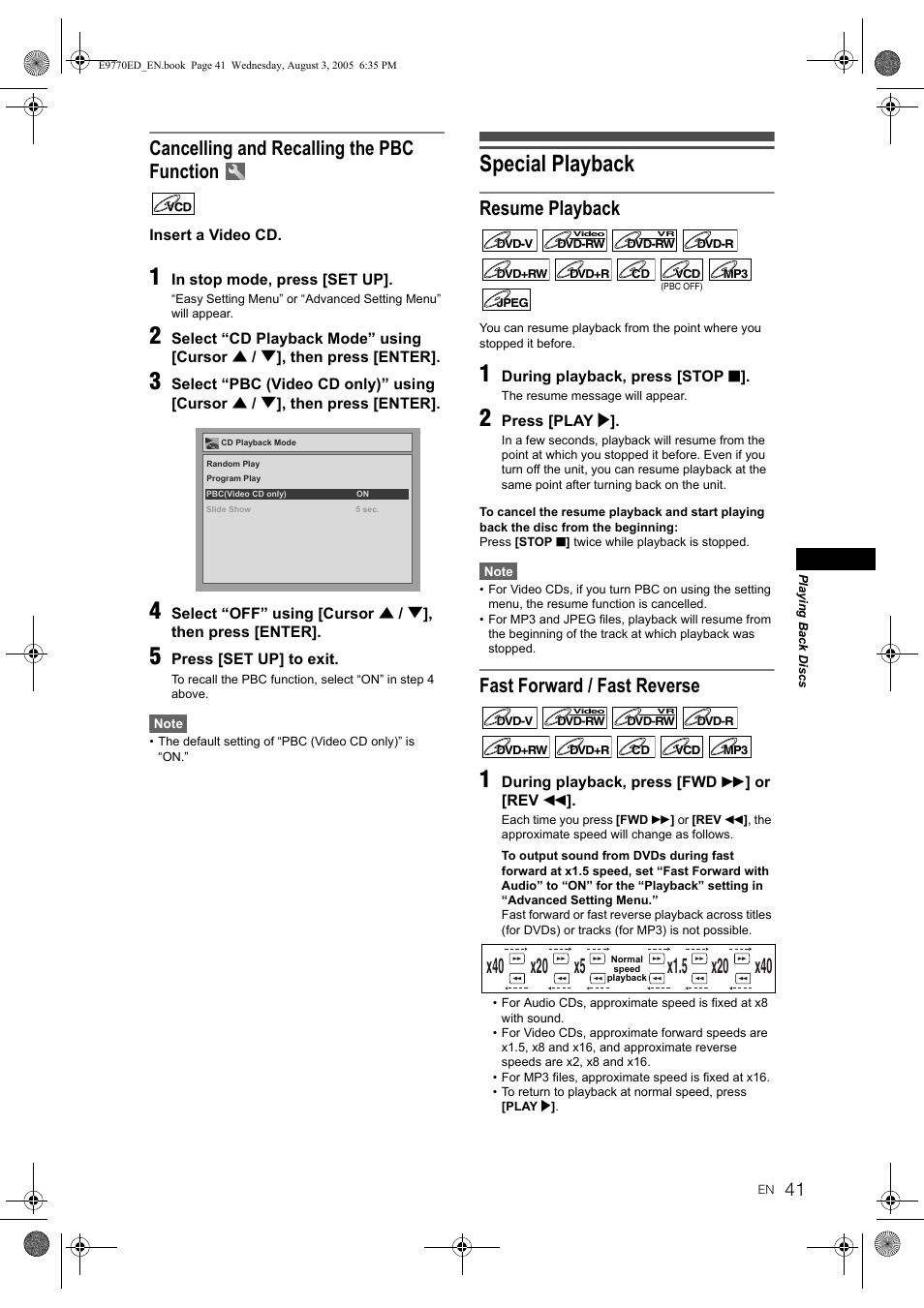 Special playback, Cancelling and recalling the pbc function, Resume playback | Fast forward / fast reverse | JVC 0905TNH-FN-FN User Manual | Page 41 / 76