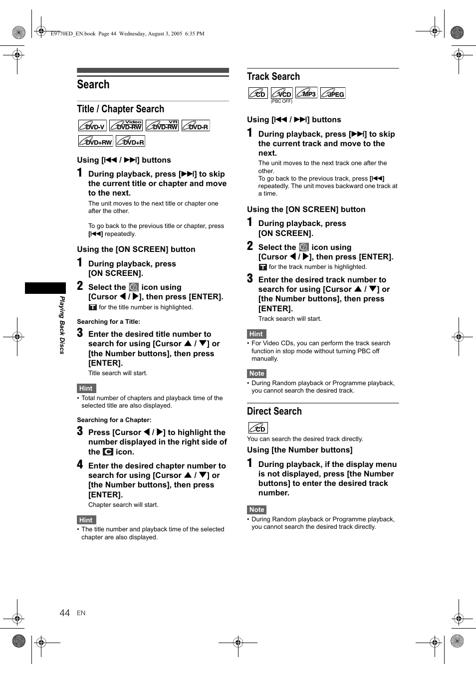 Search, Title / chapter search, Track search | Direct search | JVC 0905TNH-FN-FN User Manual | Page 44 / 76