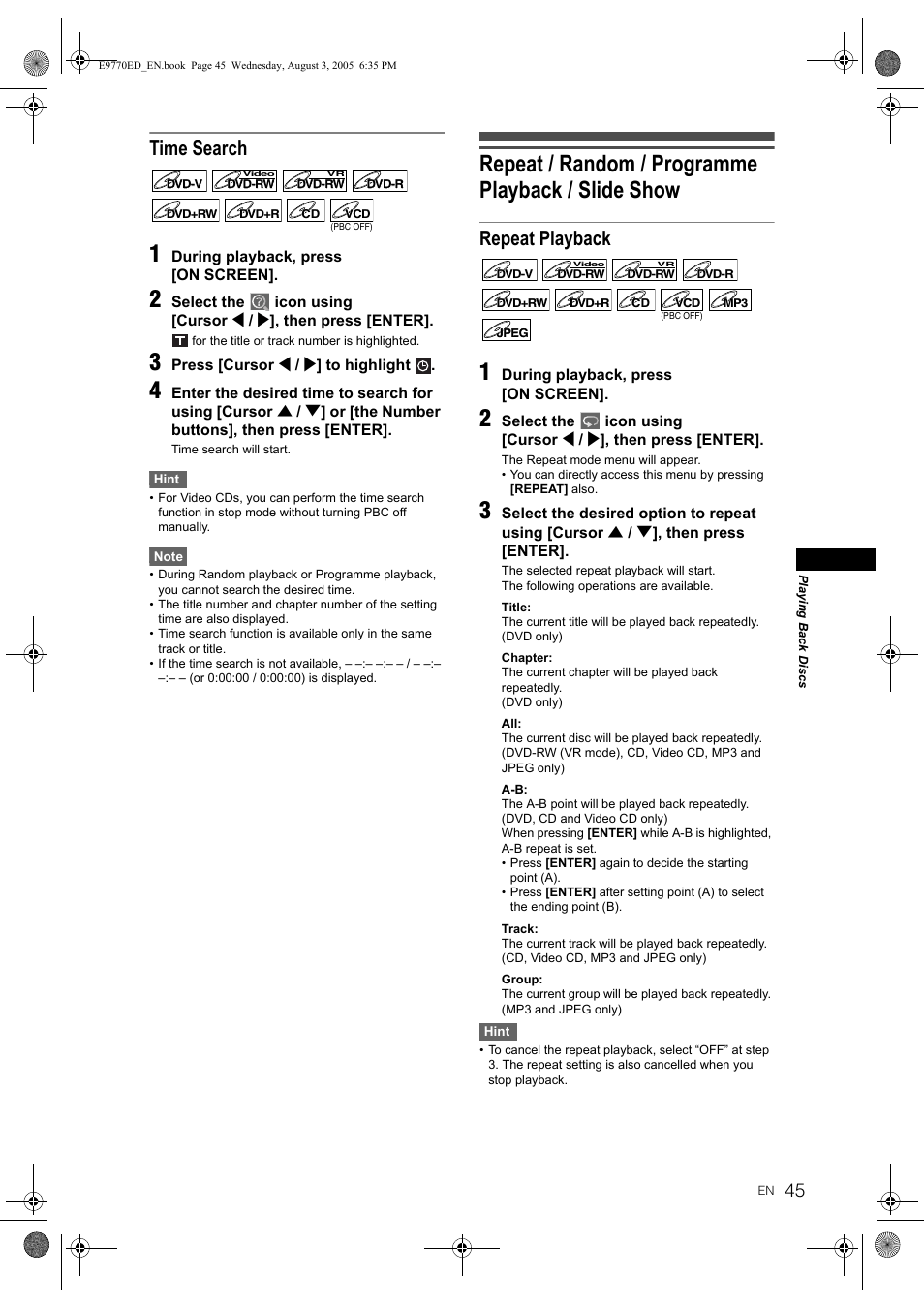 Repeat / random / programme playback / slide show, Time search, Repeat playback | JVC 0905TNH-FN-FN User Manual | Page 45 / 76