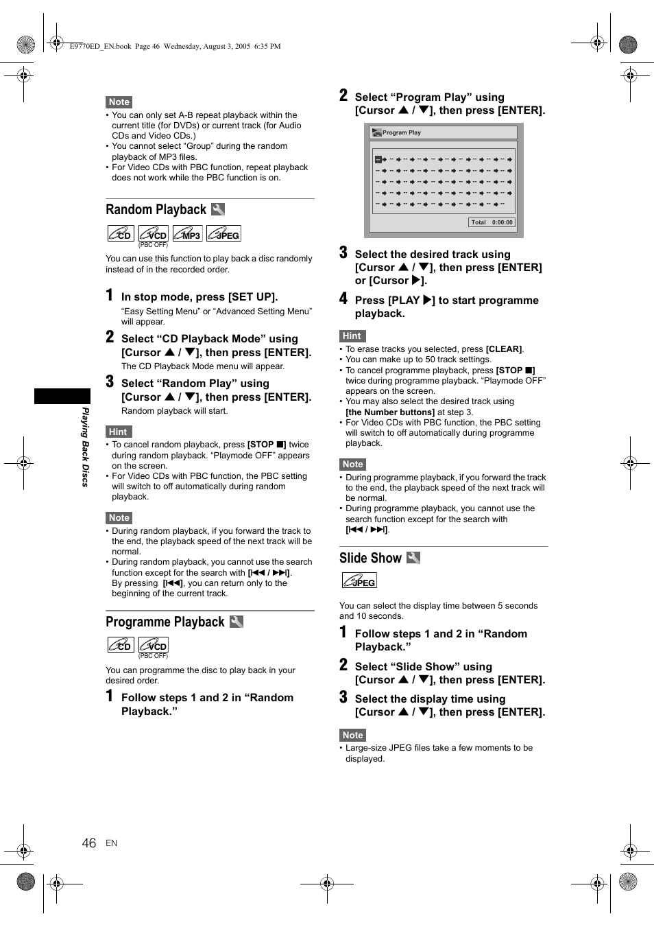 Random playback, Programme playback, Slide show | JVC 0905TNH-FN-FN User Manual | Page 46 / 76