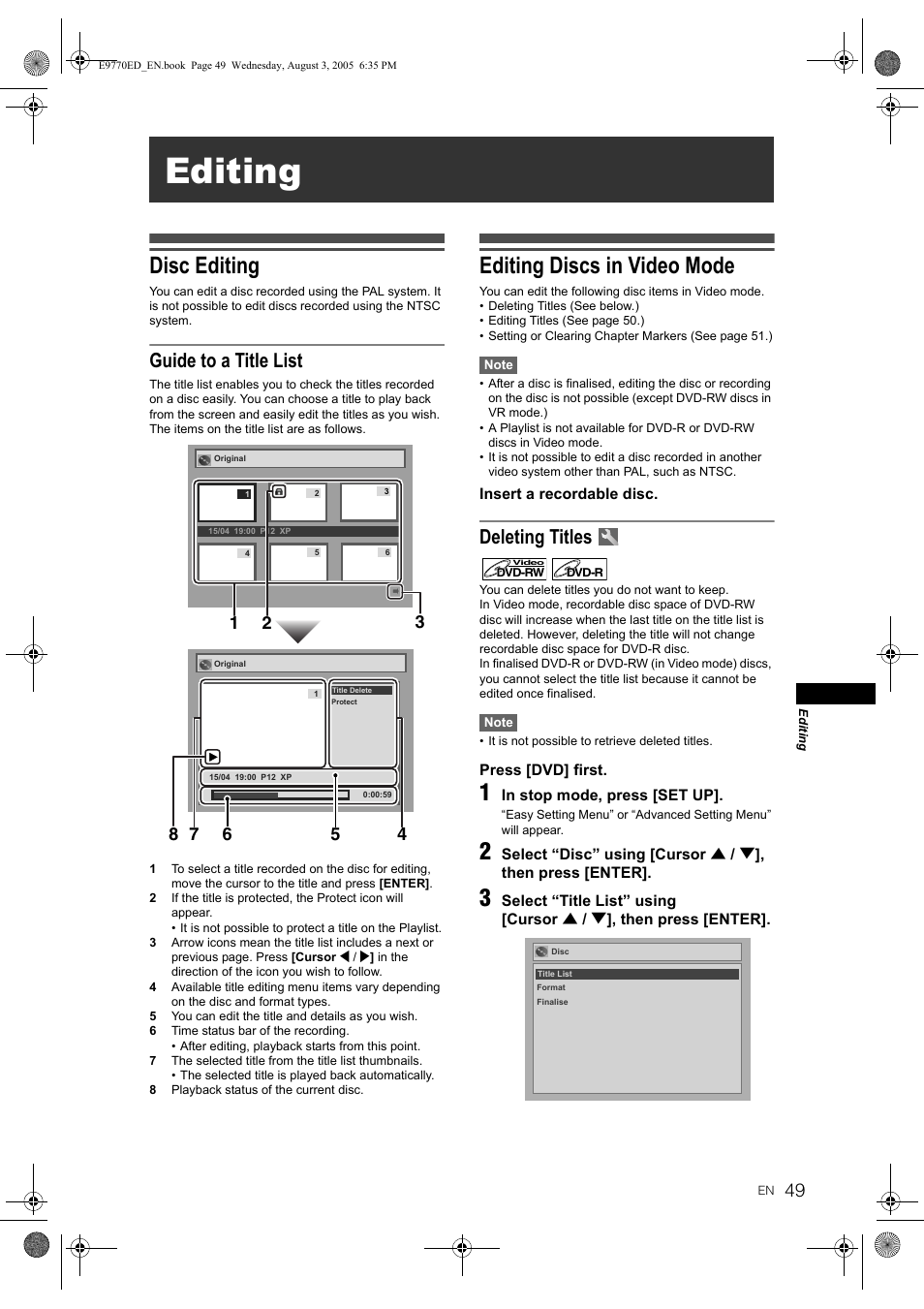 Editing, Disc editing, Editing discs in video mode | Guide to a title list, Deleting titles | JVC 0905TNH-FN-FN User Manual | Page 49 / 76