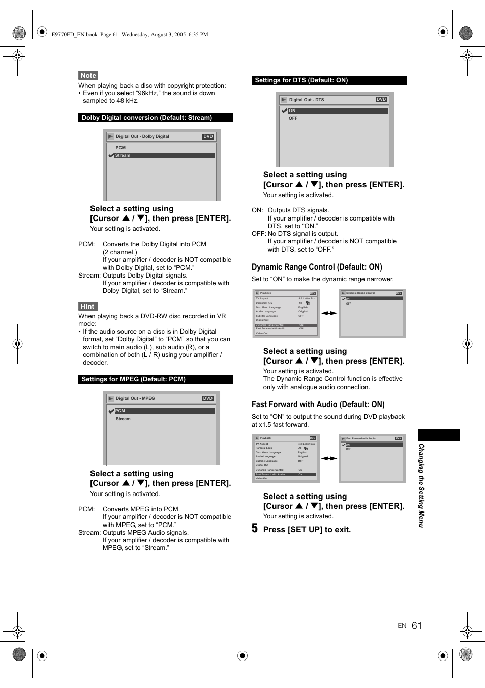 Dynamic range control (default: on), Fast forward with audio (default: on), Press [set up] to exit | Hint, Set to “on” to make the dynamic range narrower, Your setting is activated, Settings for dts (default: on) | JVC 0905TNH-FN-FN User Manual | Page 61 / 76
