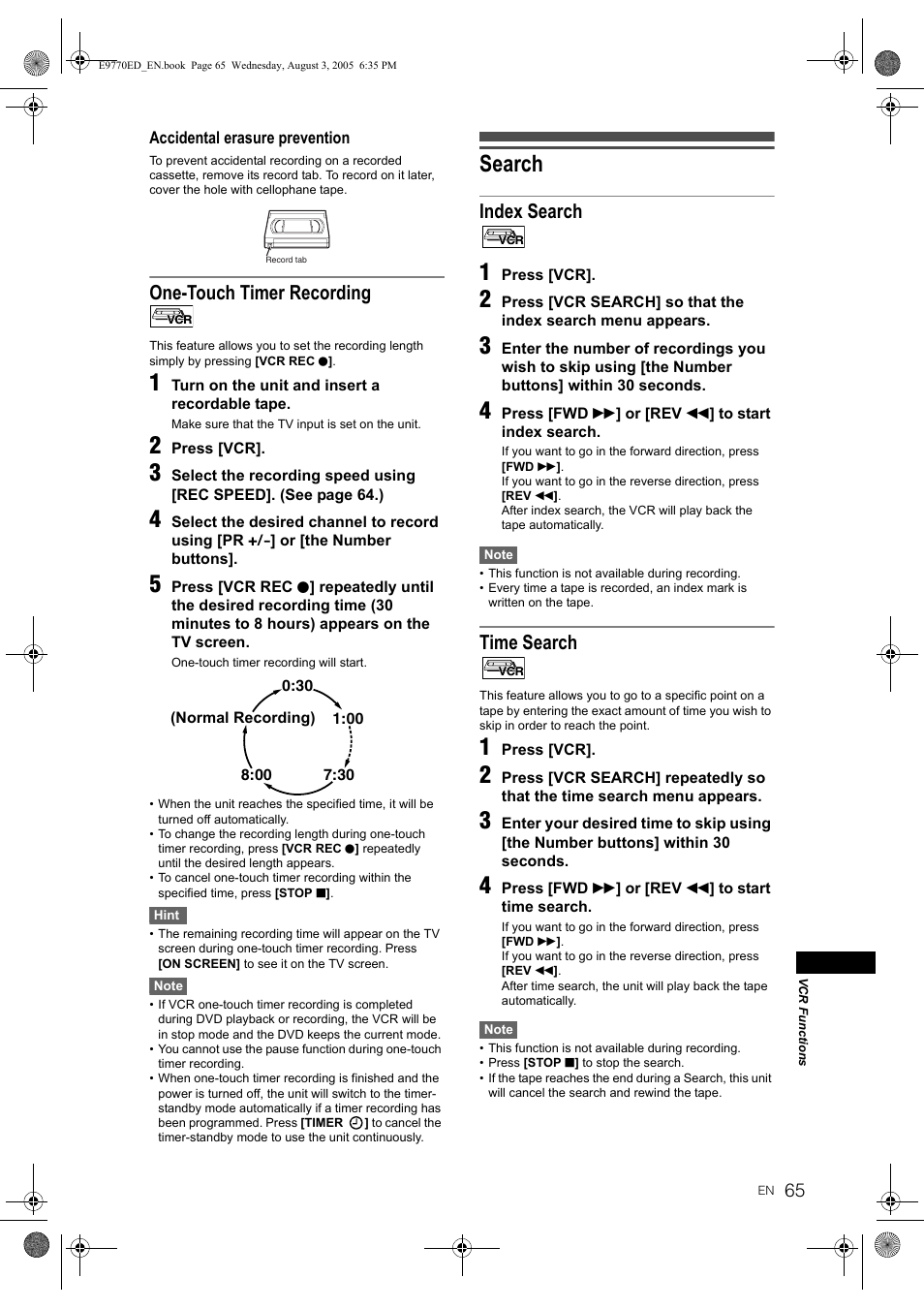 Search, One-touch timer recording, Index search | Time search | JVC 0905TNH-FN-FN User Manual | Page 65 / 76
