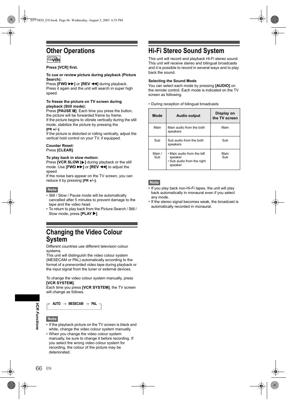 Other operations, Changing the video colour system, Hi-fi stereo sound system | JVC 0905TNH-FN-FN User Manual | Page 66 / 76