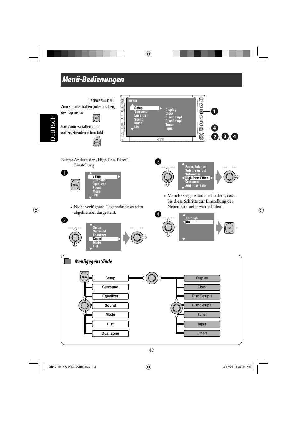 Menü-bedienungen, Deutsch, Menügegenstände | JVC Exad KW-AVX 700 User Manual | Page 100 / 235