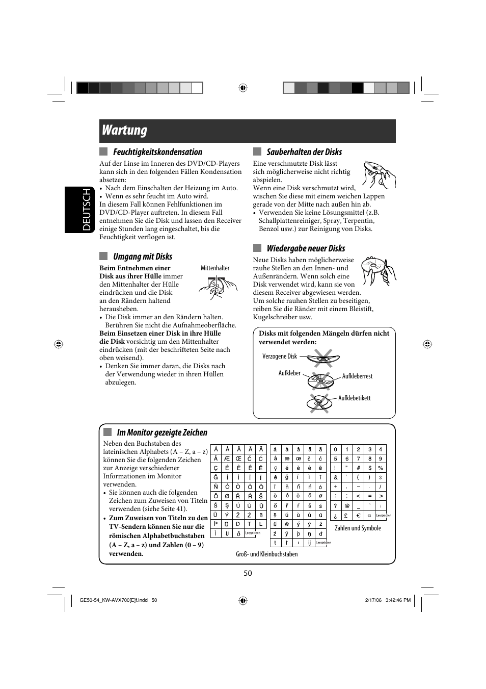 Wartung, Deutsch, Feuchtigkeitskondensation | Umgang mit disks, Sauberhalten der disks, Wiedergabe neuer disks, Im monitor gezeigte zeichen | JVC Exad KW-AVX 700 User Manual | Page 108 / 235