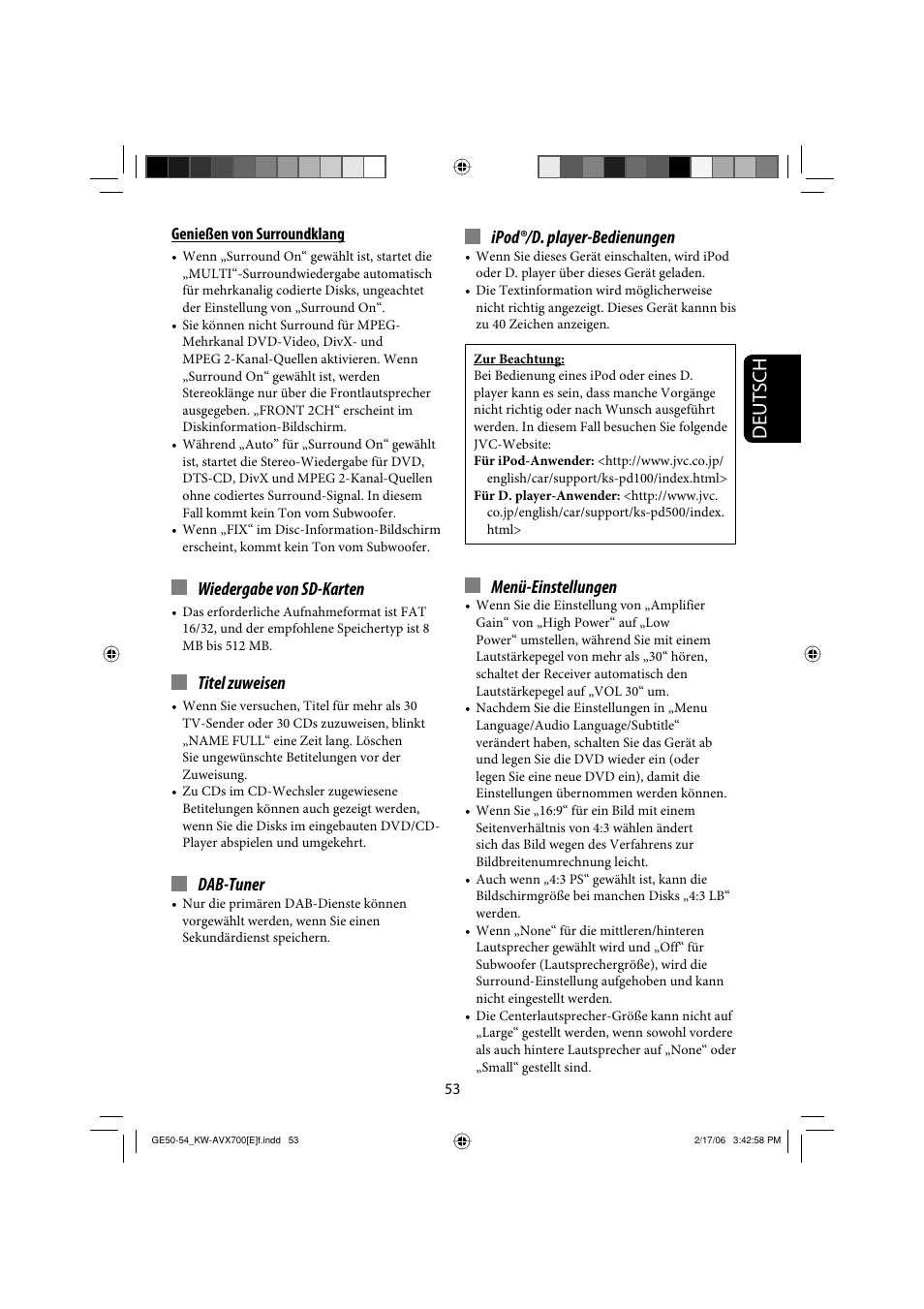 Deutsch, Wiedergabe von sd-karten, Titel zuweisen | Dab-tuner, Ipod®/d. player-bedienungen, Menü-einstellungen | JVC Exad KW-AVX 700 User Manual | Page 111 / 235