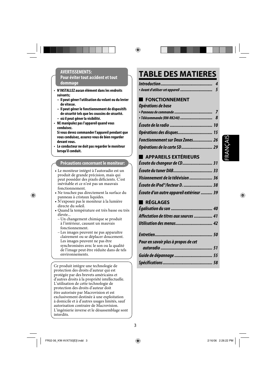 Table des matieres, Français | JVC Exad KW-AVX 700 User Manual | Page 119 / 235