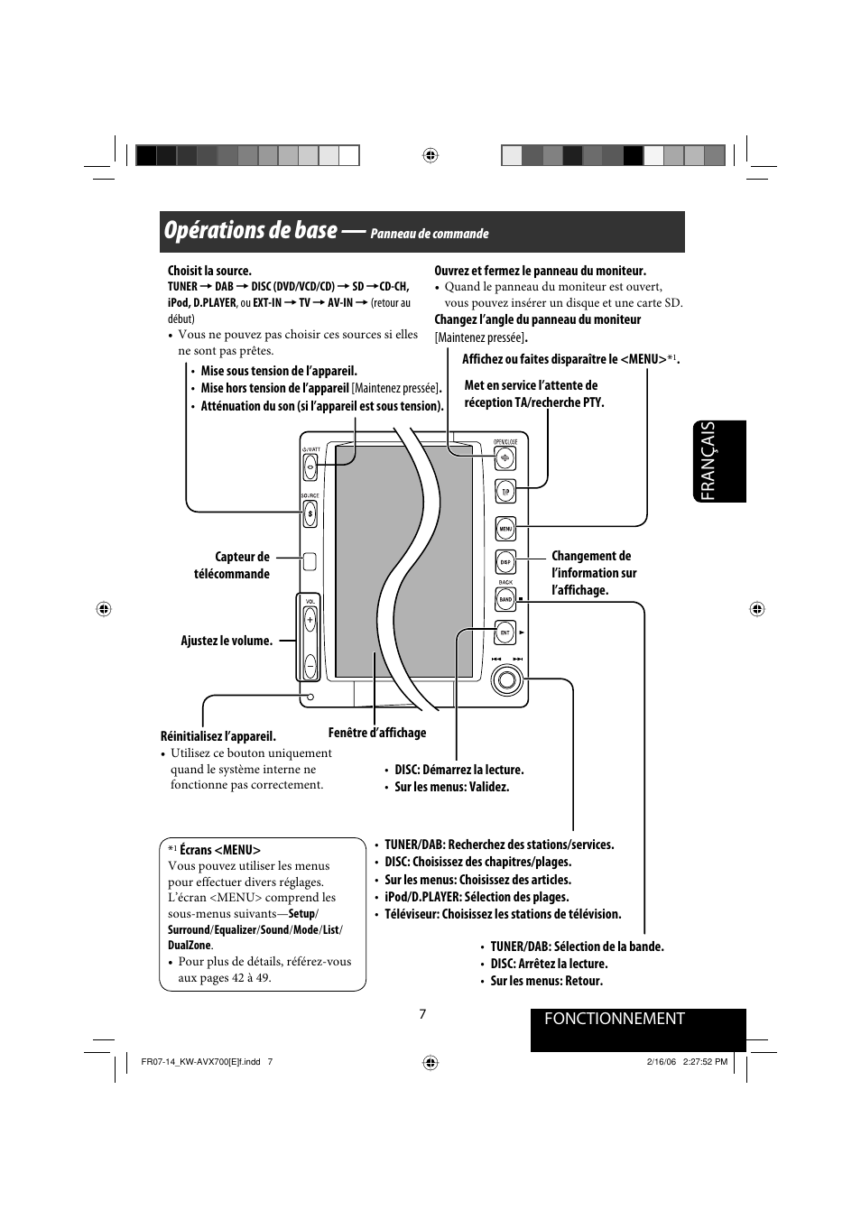 Opérations de base, Français, Fonctionnement | JVC Exad KW-AVX 700 User Manual | Page 123 / 235