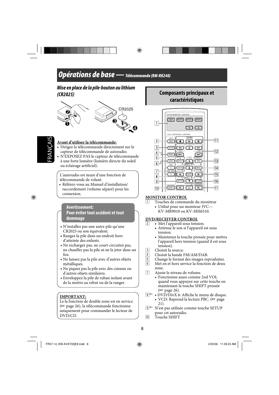 Opérations de base, Français, Composants principaux et caractéristiques | Télécommande (rm-rk240) | JVC Exad KW-AVX 700 User Manual | Page 124 / 235